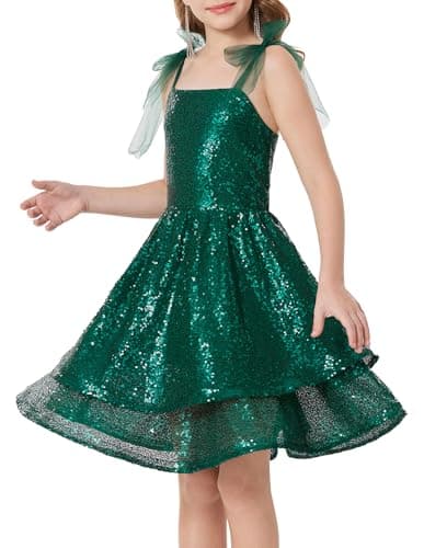Image of GRACE KARIN Girls Sequin Dress Princess Party Dress Elegant Sparkling Sleeveless Shoulder Strap Dresses Green 8 Years