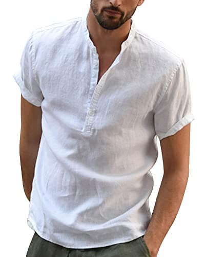 Image of YAOBAOLE Men's Cotton Linen Henley Short Sleeve Hippie Casual Beach T Shirts White XL