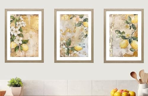 Image of Rustic Lemons Abstract Set of 3 Unframed Wall Poster Prints, Lemon Tree Flowers, Textured Walls, Kitchen Lounge Bedroom Bathroom Home Decor, Yellow Green Gold Effect (A4)