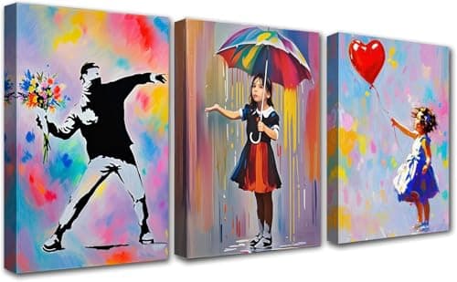 Image of PIGPIGFLY Banksy Canvas Wall Art Triptych: Framed Flower Thrower, Girl with Balloon & Nola Paintings - Large Wall Art for Living Room,Street art Graffiti,Bedroom Mural (30x40cm Wood Frame)