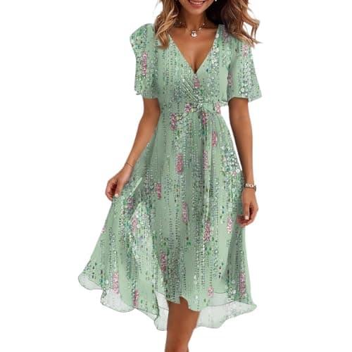 Image of Party Dresses for Women UK, Women's Floral Print Chiffon A-Line Midi Dress Short Sleeve V Neck Tie Waist Casual Flowy Evening Dresses for Special Occasions Ladies Gifts,Mint Green,XXL,u783k