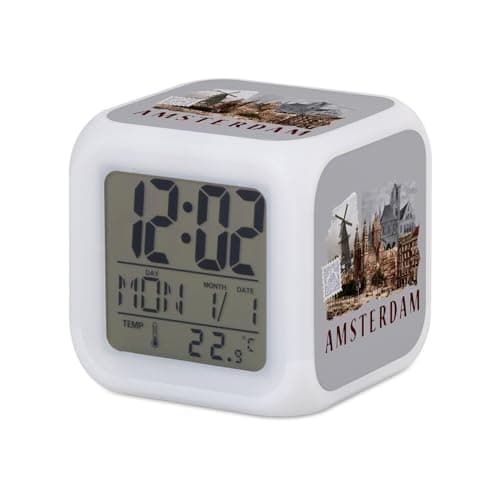 Image of Fabulous Amsterdam Light Up Cube Alarm Clock - Travel Postcard Collage - 8 x 8 x 8 cm - Retro Multi-Coloured LED Lighting