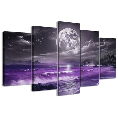 Image of CCWACPP Black White and Purple Wall Art 5 Piece Picture Set Beach Waves Painting Art Canvas Sea White Full Moon Large Wall Decor for Living Room Home Framed (20x35cmx2 20x45cmx2 20x55cmx1)