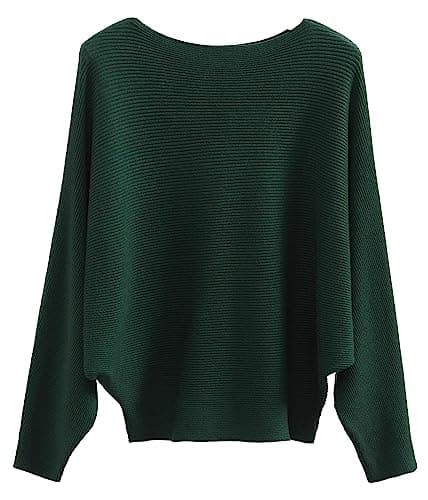 Image of FULIER Boat Neck Batwing Sleeves Dolman Knitted Sweaters and Pullovers Tops for Women One Size (Dark Green)