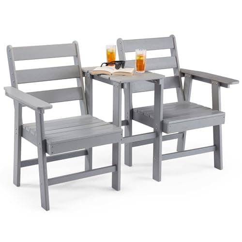 Image of VonHaus Adirondack Love Seat for Garden - 2 Seater Grey Jack & Jill Love Seat Patio Set - 2 Person HDPE Garden Loveseat, Companion Set w/Built-in Parasol Hole for Terrace, Decking, Balcony & Outdoor