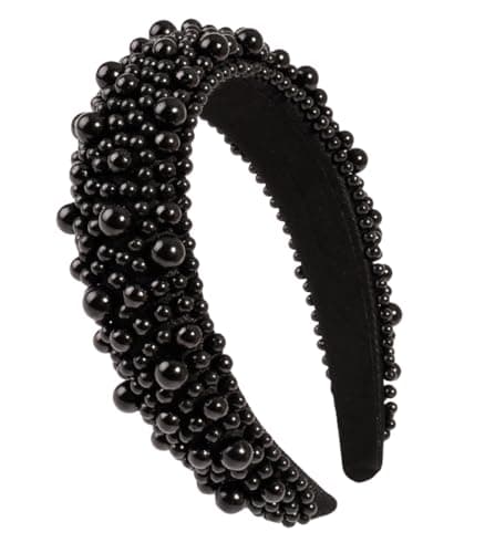 Image of scicent Black Headband Faux Pearl Head Bands Wide Thick Hairbands Beaded Elegant Hair Hoop Styling Accessories for Women Girls 16801