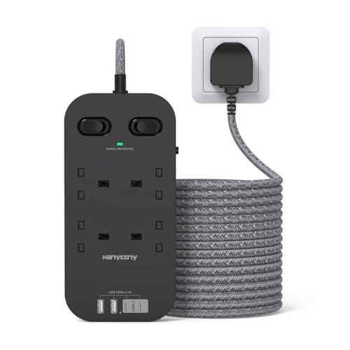 Image of Black Extension Lead 3M, 4 Way Plug Extension with 4 USB Slots(2 USB C), Surge Protected Power Strip with Double Control Switches, 3250W/13A Long Extension Cable, Wall Mountable for Kitchen Office