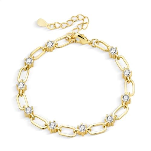 Image of ALEXCRAFT Gold Bracelet for Women Lady, 14K Goldplated 925 Sterling Silver Adjustable Bracelets with Ball Zirconia Real Gold Cuban Choker Link Paperclip Brass Chains Bracelets Women Lady Mom Gifts