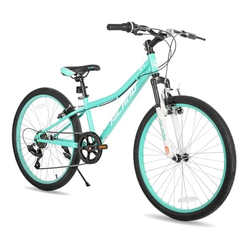 Image of Hiland 24 Inch Kids Bike, 7 Speed Kids Mountain Bike, Youth Boys Girls Mountain Bicycle with Suspension Fork V-brake, Mint Green