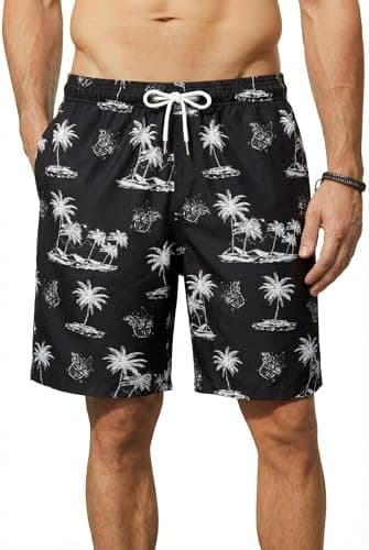 Image of Enlision Mens Hawaiian Shorts 7.5" Black Summer Swimming Trunks Men with Mesh Liner Pockets Adjustable Waist Quick Dry Palm Tree Patterned Boardshorts for Beach Surfing Water Sports L
