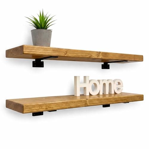 Image of MKGT Rustic Floating Wall Shelves Set of 2, Solid Pine 45mm Thick with Heavy Duty Brackets, 75kg Load Capacity for Kitchen, Bathroom, Living Room – UK Made (Rustic Pine, 120cm)