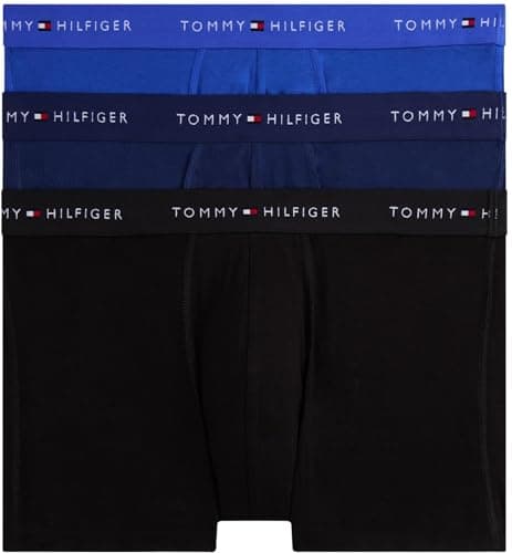 Image of Tommy Hilfiger Men’s 3 Pack Trunks with Stretch, Multicolor (Nob Blu/Prp Nvy/Blk), S