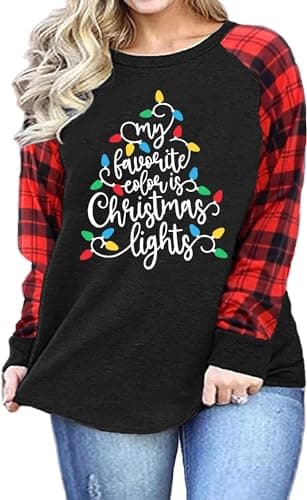 Image of Plus Size Christmas Shirts Women My Favorite Color is Christmas Lights Shirt Plaid Raglan Long Sleeve Tops, Black2, 5XL