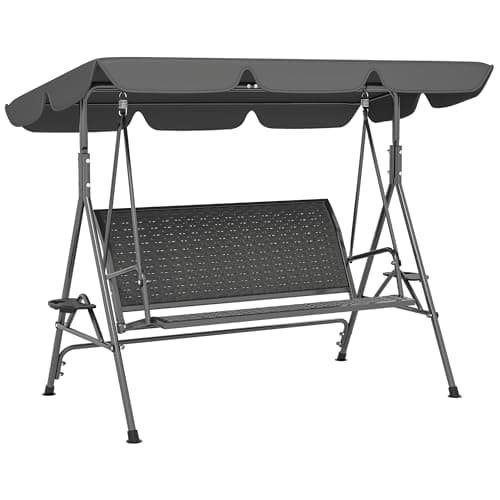 Image of Outsunny 3 Seater Swing Chair, Garden Swing Seat Bench with Adjustable Canopy, Rattan Seat and Steel Frame for Patio, Yard, Grey