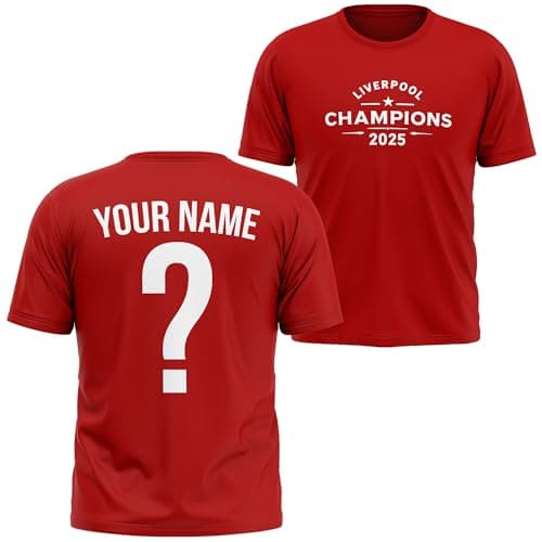 Image of Custom Liverpool Champions Kids T Shirt Personalised Favourite Player Name and Number Football Winners Supporter Boys Girls Tee, 5-6 Years, Red