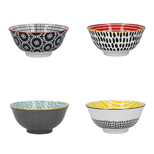 Image of KitchenCraft Patterned Cereal Bowl Set in Gift Box, 4 Ceramic Bowls Ideal for Ice Cream, Soup and More, 'Monochrome' Designs, 15cm