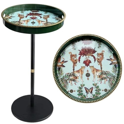 Image of Simmer Stone Boho Round Side Table With Tray Top, Pedestal Drink Table for Small Spaces, Aesthetic Accent Nightstand for Living Room, Bedroom, Corners, and Office (Green Leopard)