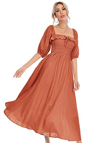 Image of R.Vivimos Women's Polka Dot Slim Fit Half Puff Sleeve Dress Square Neck Cottagecore Long Midi Dress(XLarge,Orange)