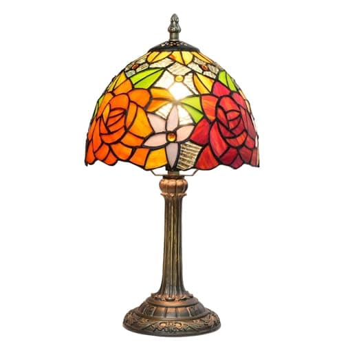 Image of wecrejoni Tiffany Lamp - Rose Flower Stained Glass Table Lamp 8x8x14 Inches - Rose Flower Style Desk Reading Light - Bedroom & Living Room Decor
