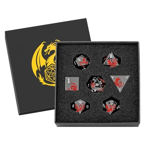 Image of Metal Dice Set, Flat Face Black Red Dragon Pattern, 7pcs Polyhedral Metal DND Dice Set, DND Starter Set, D&D Gifts with Gift Box, Role Playing Board Games Accessories, Black