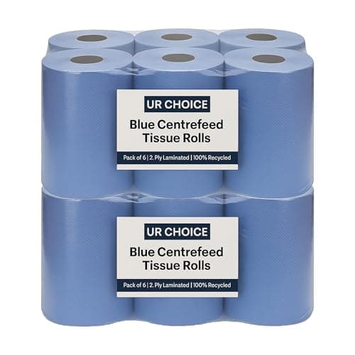 Image of UR CHOICE Blue Centrefeed Paper Tissue Rolls, Pack of 12 Rolls, Multipurpose 2-Ply Laminated Kitchen Towel for Home & Commercial Cleaning
