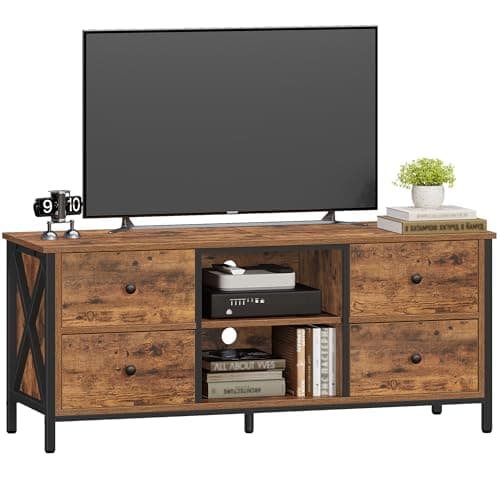 Image of Hzuaneri TV Stand Cabinet up to 55 Inch, TV Unit with 4 Drawers and 2 Open Shelves, TV Console Table for Living Room, Bedroom, Entertainment Room, Industrial, 40 x 120 x 50 cm, Rustic Brown TV16901B