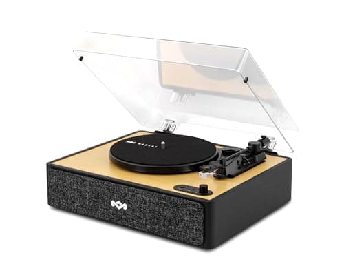 Image of House of Marley Rise Up Bluetooth Turntable - 3-Speed Vinyl Record Player with Built-in Speakers, 2-Way Streaming, Bamboo Finish & Dust Cover, Sustainably Made Home Audio Record Players