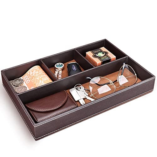 Image of GORESE Valet Tray, Leather Office Drawer Desk Storage Box, Bedside Storage Tray, Pocket Empty Organiser, Pen Trays for Keys, Stationery, Coins, Jewellery (Brown)