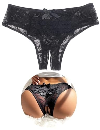 Image of comeondear Lace Thong for Women French Knickers Plus Size Sexy Lace Brazilian Knickers with Back Bow Hipster Panties Cheeky Low Waist Briefs Pantys Black UK 10