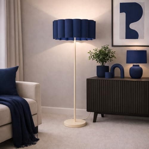 Image of CGC Lighting Indoor Floor Lamp Cream Off White Corner Standing Reading Light and Lampshade Living Room Lounge (Navy Lampshade)
