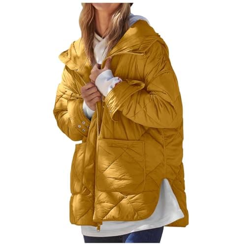 Image of NSICBMNO Yellow Quilted Jacket Womens Long Coat Zip Up Hoodie Lightweight Puffer Jackets Winter Coat Ladies Padded Jackets Hooded Down Jacket Oversized Hoodie Outdoor Windbreaker With Pockets