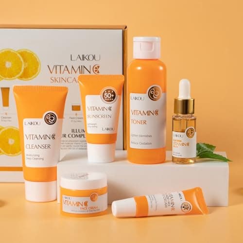 Image of LAIKOU Skincare Set, Vitamin C Serum for Face Kit, Cleanser, Toner, Face Serum, Eye Cream, Essence Cream & Sunscreen, Anti Aging Radiance Gift Set for Women Teenage Girls Christmas Gifts, 6PCS