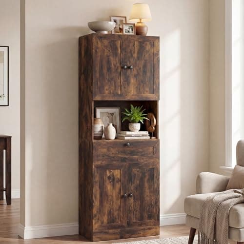 Image of COSTWAY 171.5cm Tall Kitchen Cupboard, 4-Door Pantry Storage Cabinet with Adjustable Shelf, Drawer & Anti-tipping Device, Freestanding Sideboard Organizer Unit for Home Dining Room (Rustic Brown)