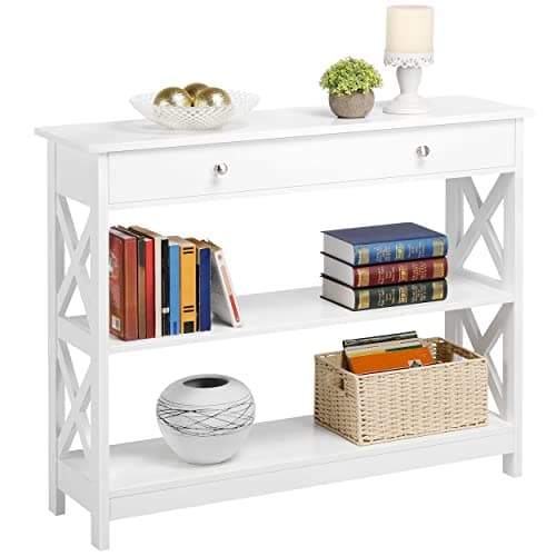 Image of Yaheetech White Console Table, Wooden Hallway Table with Drawer & Open Storage Shelf, 3-Tier Console Sofa Table for Living Room