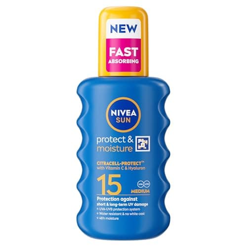 Image of NIVEA SUN Protect & Moisture Sun Spray SPF 15 (200ml), Moisturising Suncream Spray with SPF 15, Highly Effective Sunscreen Providing Immediate UVA + UVB Protection, Fast-Absorbing, No White Cast