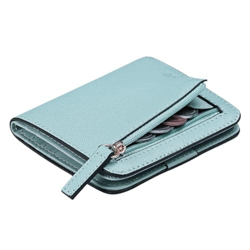 Image of Aucuu Women's Wallet, RFID Blocking Leather Compact Bifold Wallet, Women's 7 Cards Slim Minimalist Card Holder with ID Window, Small Ladies Coin Purse, Light Blue