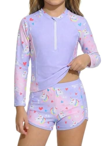 Image of JiAmy Girls Swimsuit 2 Piece Rash Guard Set Long Sleeve UV Sun Protection Swimwear with Shorts Half Zip Mermaid Unicorn Flamingo Floral Bathing Suit 3-4 Years,Purple-Unicorn