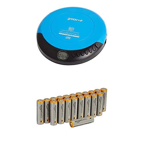 Image of Groov-e Retro Personal CD Player with 20 Track Programmable Memory, LCD Display, Anti-Skip Protection and Earphones Included - Blue with Amazon Basics Batteries