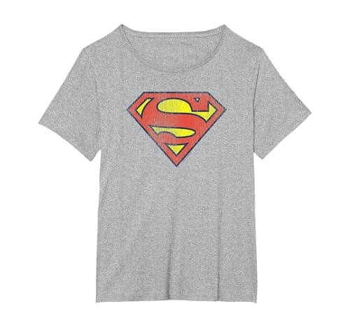 Image of Superman Retro Supes Logo Distressed T-Shirt, Women's Plus, Heather Grey, 5X