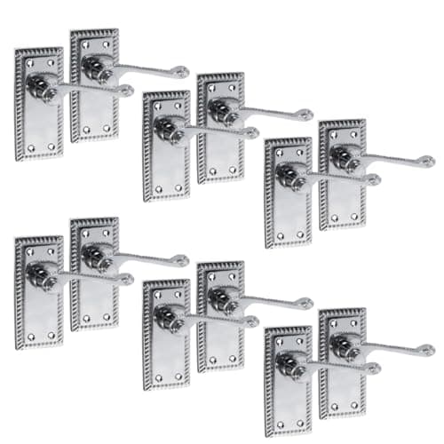 Image of Georgian Style Chrome Door Handle Set – Internal Door Handles and Tubular Latch, Classic Polished Chrome -Plated Finish (1-6 Pairs) – Backplate Size 108mm x 48mm (6 Pair of Handles)