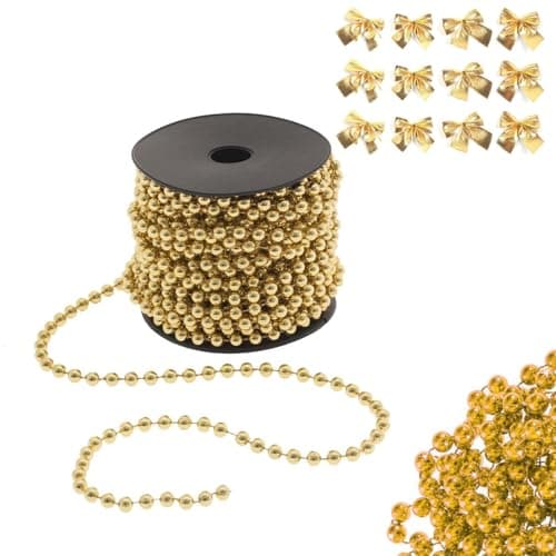 Image of Christmas Bead Chain - 10M Gold Red Silver Beads Garland Decorations for Christmas Tree, Table, DIY - Includes 12 Bows, String Pearls for Decorating, Beaded Curtain & Holiday Decor
