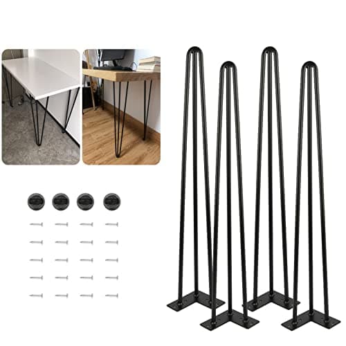 Image of DICN 4PCS Metal Table Legs 34 Inch 3-Rod Hairpin Furniture Legs DIY Home Bench Dining Desk End Coffee Table Feet with Screws & Protective Feet Covers, Black