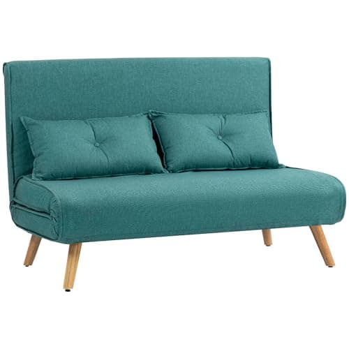 Image of HOMCOM 2 Seater Sofa Bed, Click Clack Convertible Bed Settee with Adjustable Backrest, Modern Linen Feel Fabric Recliner Sofa Couch with Pillows for Living Room, Bedroom, Guest Room, Green