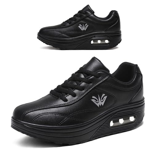 Image of RUIDENG Platform Sneakers for Women Air Cushion | Walking Shoes Women Comfortable All Day | Thick Rocker Bottom, All Black 8185, 3 UK