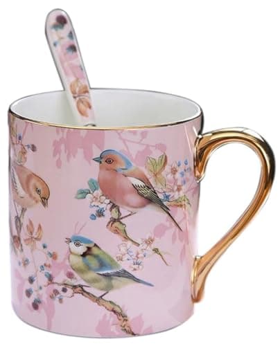 Image of YBK Tech Bone China Porcelain Tea Cup, 12oz Coffee Mug for Home Kitchen Office - Birds Pattern (Pink)