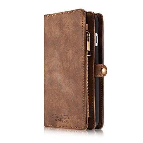 Image of Samurai Mobile Leather Wallets Phone Case Cover for iPhone 6/iPhone 6S, Card Slot Series [Zipper Cash Storage] Premium Flip Wallet Case Cover With Detachable Magnetic Hard Case