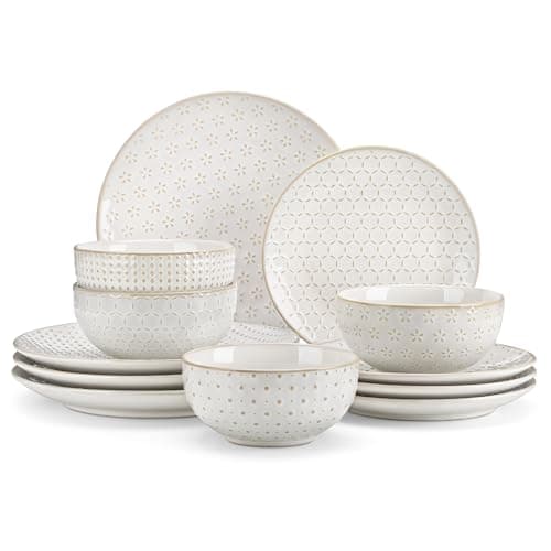 Image of MALACASA 12 Piece Dinner Set for 4, Plates and Bowls Sets 12 Pieces, Embossed Stoneware Dinnerware Sets, Ceramic Dinner Sets, Dishwasher Safe, Series Lydia