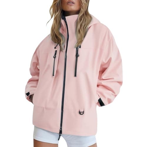 Image of Womens Waterproof Jackets Lightweight Casual Outdoor Raincoats with Hooded Packable Running Windproof Walking Full Body Front Zip With Pockets for Running, Hiking (Pink, M)