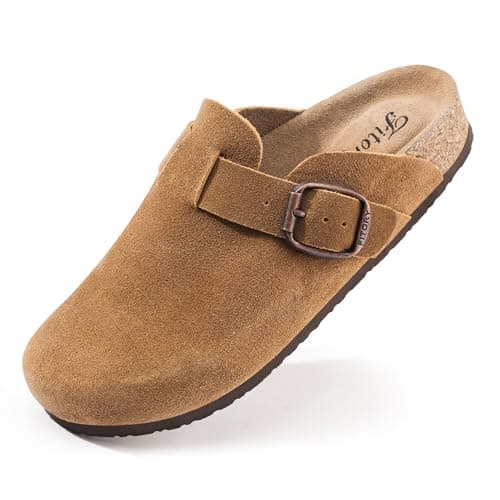 Image of FITORY Womens Clogs Slip-on Potato Shoes Leather Mules with Suede Cork Footbed Brown Size 4