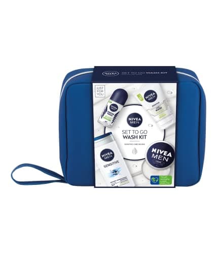 Image of NIVEA MEN Set To Go Wash Kit Gift Set (5 Pieces), Men's Gift Set Includes Shower Gel, Face Wash, Anti-Perspirant Roll-On, Moisturising Cream and Hanging Wash Bag